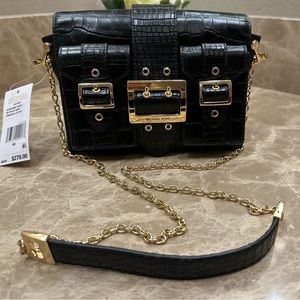 Michael Kors Hayden embossed black leather purse with gold buckles. NEW.